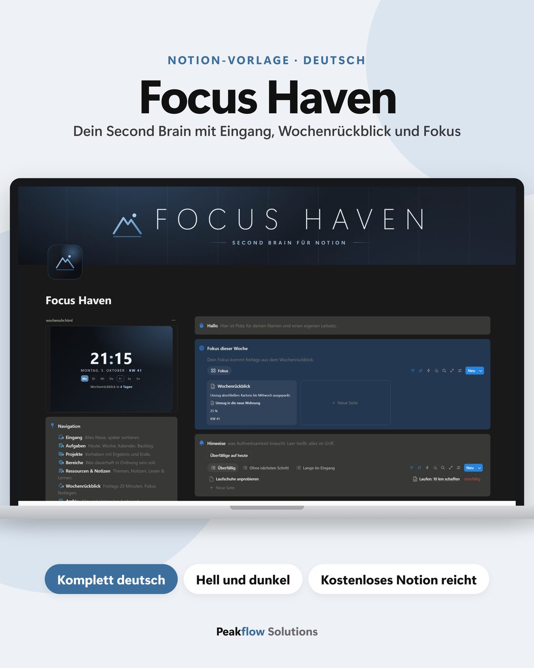 Titelbild Focus Haven: Startseite der Notion-Vorlage im dunklen Modus auf einem Laptop
