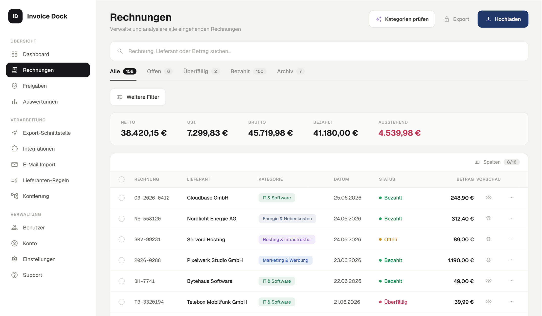 Rechnungsübersicht in Invoice Dock mit Filtern nach Status, Summenzeile und Belegliste