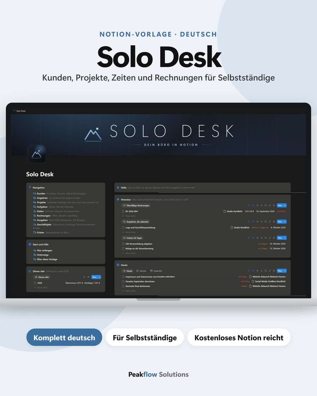 Titelbild Solo Desk: Startseite der Notion-Vorlage für Selbstständige im dunklen Modus auf einem Laptop